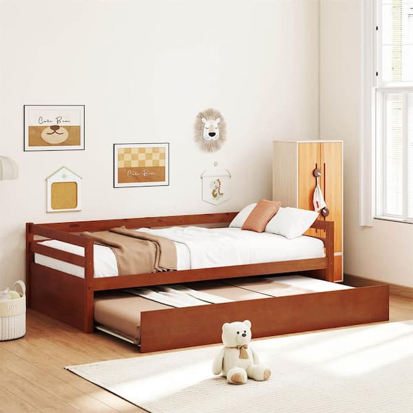 Walnut Twin Size Daybed Wooden Slat Support Mattress Platform with Trundle