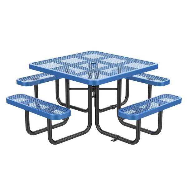 46 in Blue Square Steel Picnic Tables with Umbrella Hole, Outdoor ...