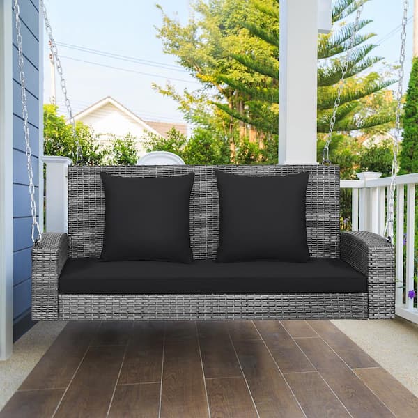 Liviza 2-Person Patio PE Wicker Hanging Porch Swing with Black Cushions