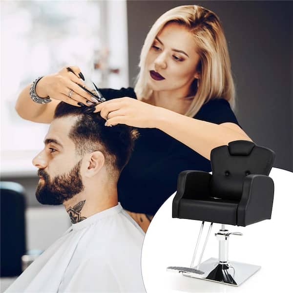 Faux Leather Swivel Ergonomic Salon Chair in Black with Arms