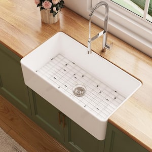 Farmhouse Apron-Front Fireclay 30 in. Single Bowl Workstation Kitchen Sink with Bottom Grid and Strainer in White