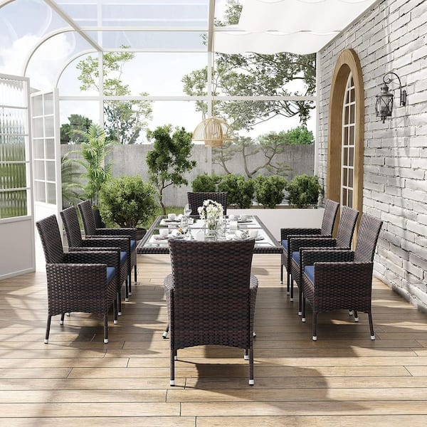 10-Piece Wicker Square Patio Outdoor Dining Set with Glass Tabletop and 1.5 in. Umbrella Hole, Navy Blue Cushion