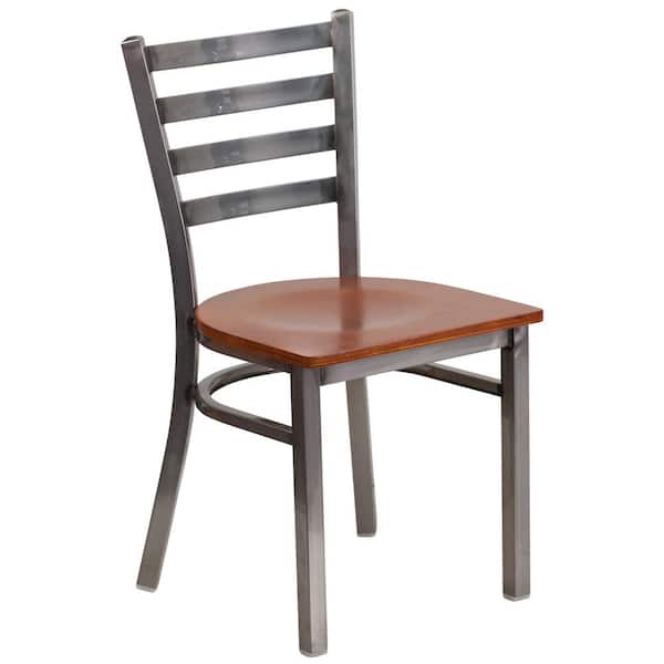 Flash Furniture Hercules Series Clear Coated Ladder Back Metal Restaurant Chair with Cherry Wood Seat