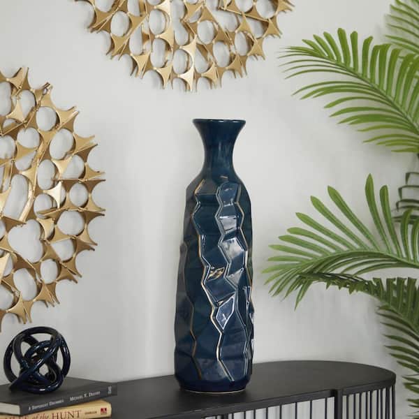 Litton Lane 21 in. Blue Faceted Ceramic Decorative Vase with Gold Accents 59960