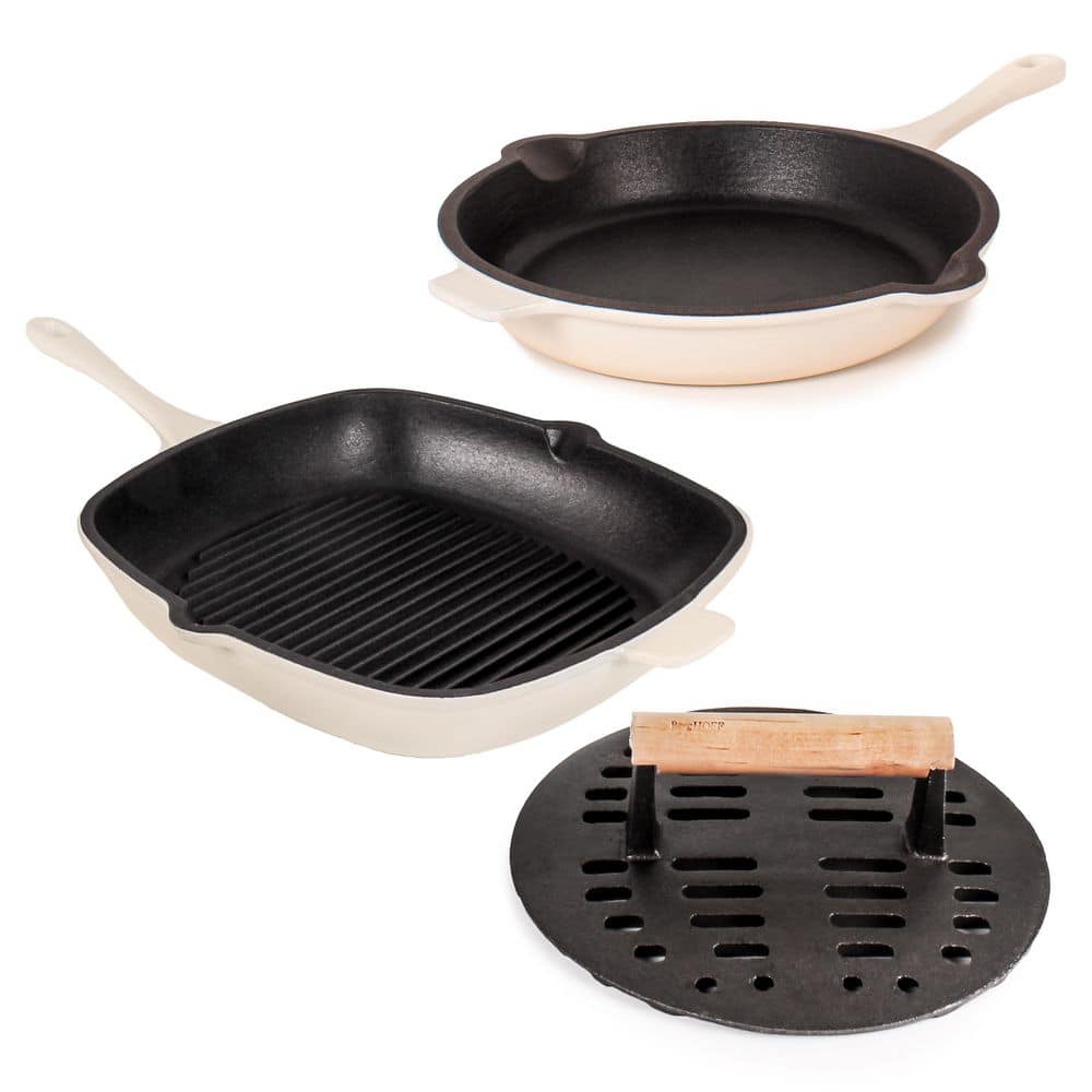 Neo 3pc Cast Iron Fry Pan & Grill Pan Set with Slotted Steak Press, Meringue price history on PriceWatchPro
