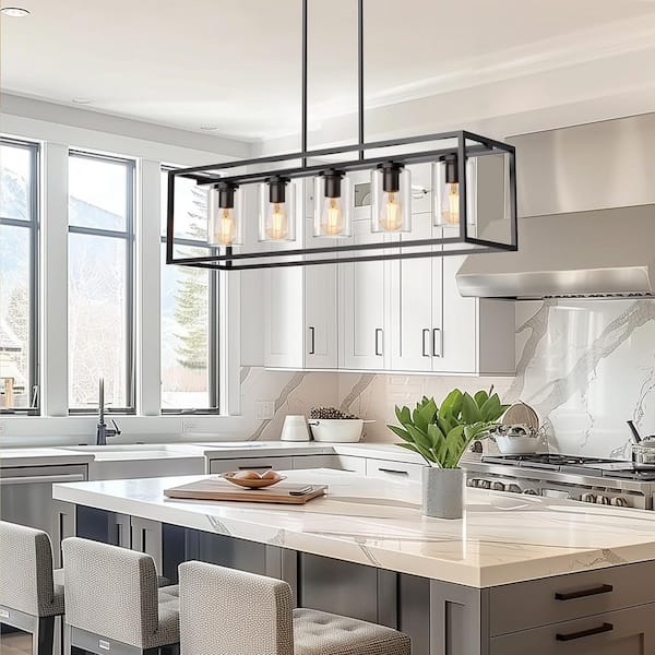5-Light Dimmable Matte Black Linear Rectangle Chandelier Kitchen Island Pendant Light with Clear Glass Shade