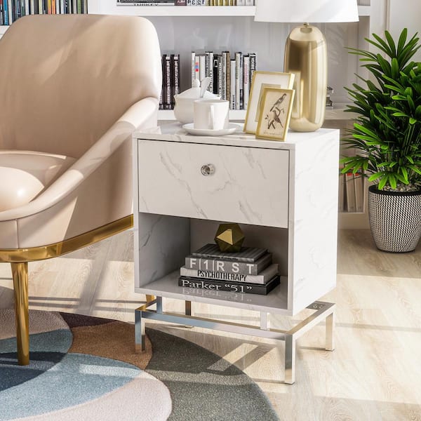 Milo 24 in. H Faux White Marble Side Table with USB Plug