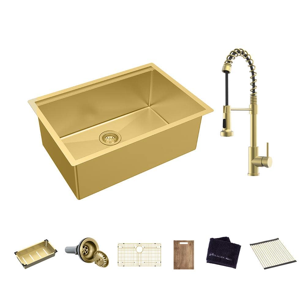 32 in. Undermount Single Bowl 18-Gauge Gold Stainless Steel Workstation Kitchen Sink with Spring Neck Faucet -  Glacier Bay, 4532FG-1