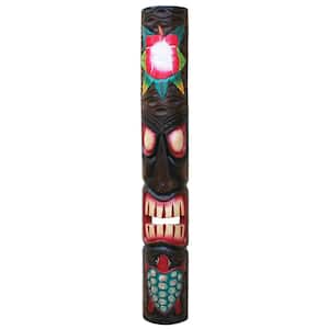 40 in. Tiki Mask Red Hibiscus Flower and Turtle Hand-Carved Wood Art Outdoor Tropical Decoration