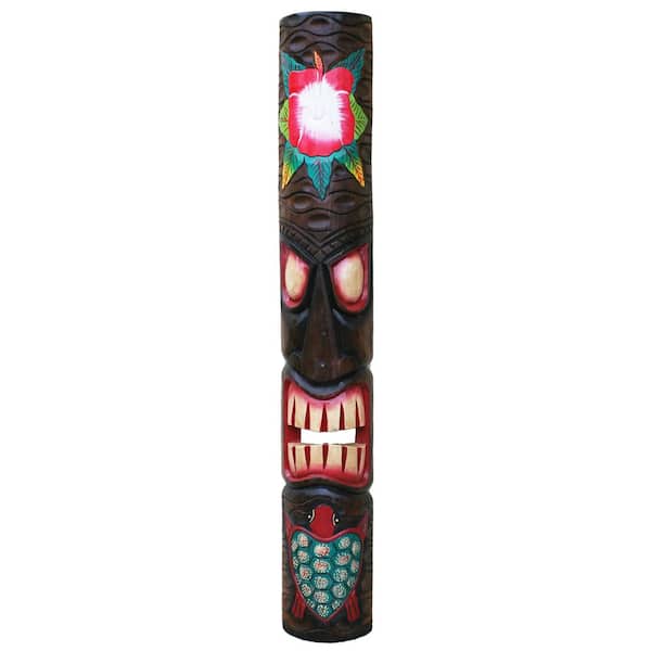 Backyard X-Scapes 40 in. Tiki Mask Red Hibiscus Flower and Turtle Hand-Carved Wood Art Outdoor Tropical Decoration