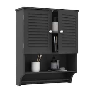 23.6 in. W x 8.9 in. D x 29.3 in. H Black Bathroom Over The Toilet Wall Cabinet with Adjustable Shelves and Towels Bar