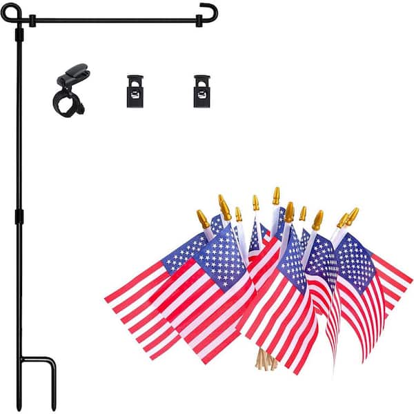 3-ft. garden Flagpole with weatherproof metal base, includes 12 American flags, tiger claw clips, and spring stoppers.