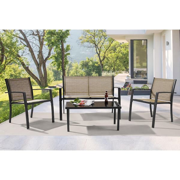 JOYESERY Textilene Black 4-Piece Patio Furniture Chair Sets with Loveseat and Coffee Table in Taupe