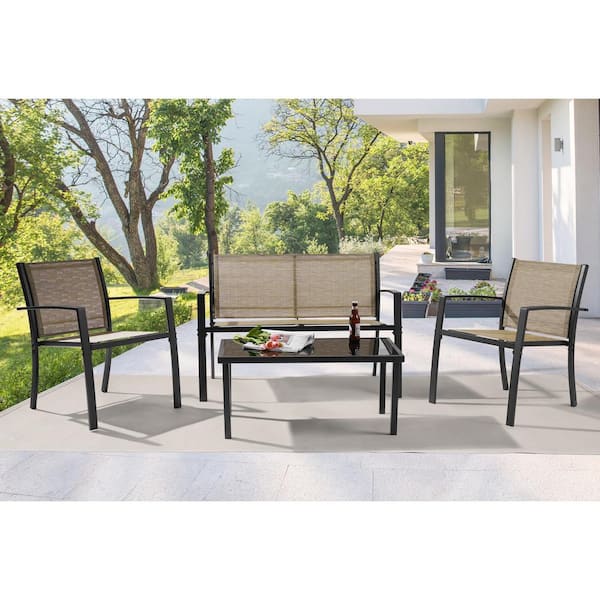 Textilene Black 4-Piece Patio Furniture Chair Sets with Loveseat and Coffee Table in Taupe