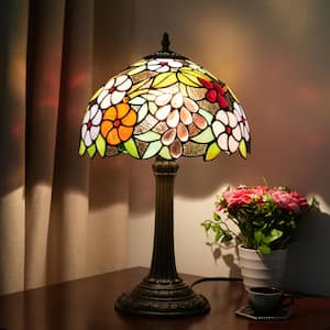 19 in. Tiffany Style Bronze Finish Table Lamp with Grape Floral Stained Glass Lamp Shade