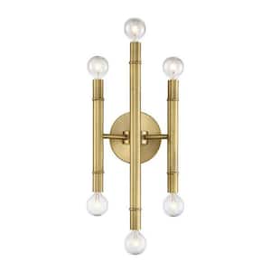 Meridian 7 in. W x 17 in. H 6-Light Natural Brass Metal Wall Sconce