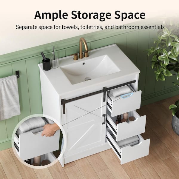30 in. Single Sink Freestanding White Bath Vanity with White Ceramic Top and Sliding Barn Door Unassembled
