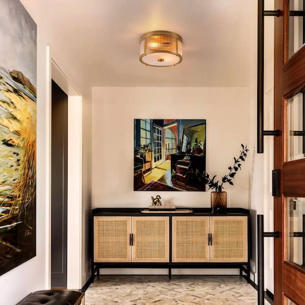 13 in. 2-Light Drum Brushed Gold Modern Ribbed Glass Flush Mount Ceiling Light for Bedroom Foyer Kitchen