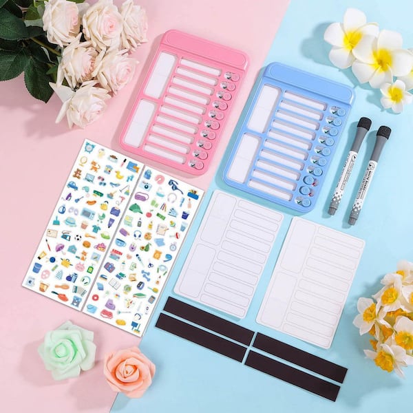 2-Pack Dry Erase Chore Chart, Magnetic Slider Checklist Board for Home/Fridge (Blue and Pink)