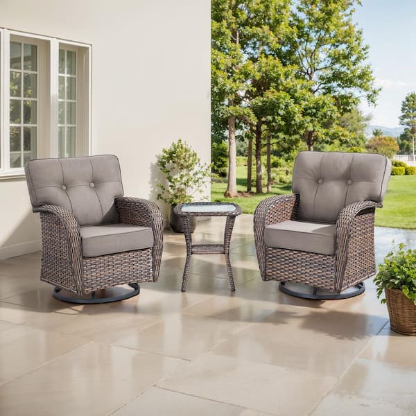 TWrap Brown 3-Piece Wicker Swivel Rocker Patio Conversation Set with 5 in. Thick Gray Cushions and Side Table