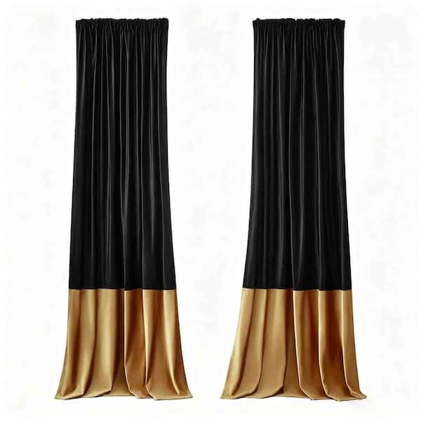 Black Gold Velvet 52 in. W x 108 in. L Back Tab Curtain Panels(2-Panels)
