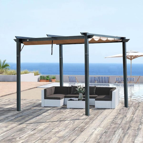 10 ft. x 10 ft. Dark Gray Aluminum Frame Retractable Pergola with Weather-Resistant Canopy