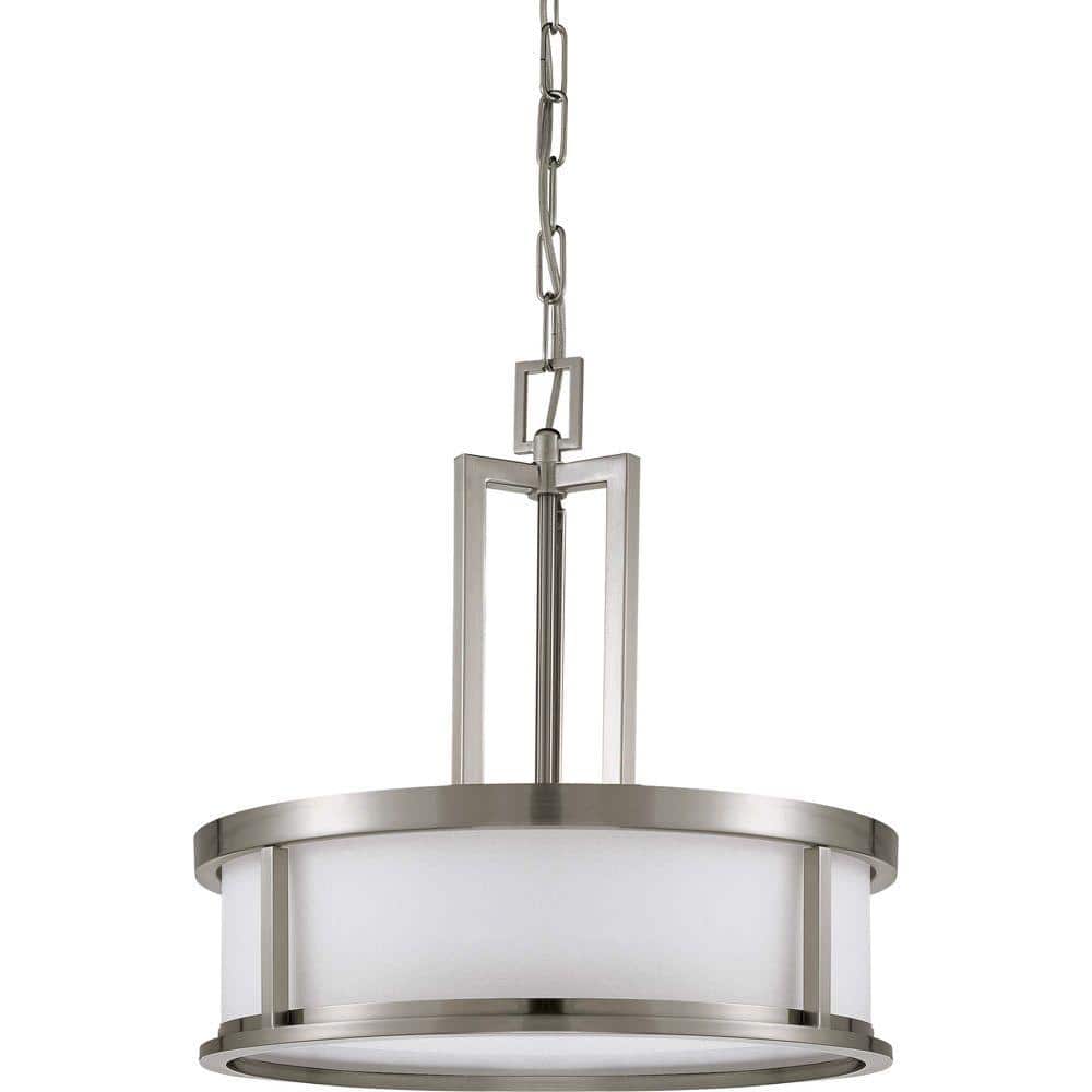 Odeon 17'' Brushed Nickel Drum Pendant with Satin White Glass
