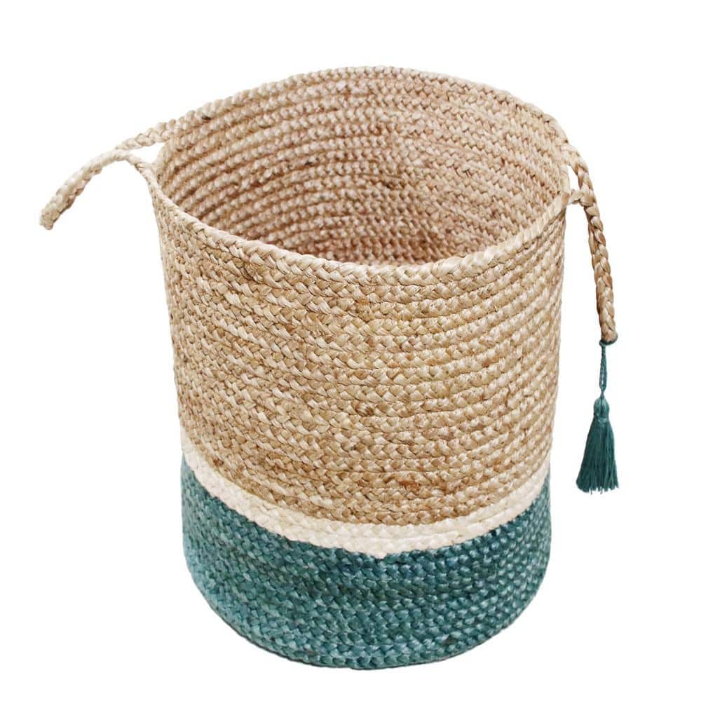 Handmade Round Jute Teal and Natural Storage Basket