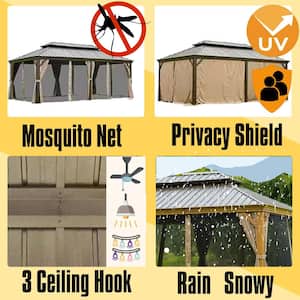 12 ft. x 20 ft. Brown Aluminum Double Galvanized Steel Roof Gazebo with Ceiling Hook, Mosquito Netting and Curtains