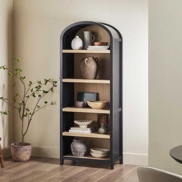 Arched 76 in. Tall Black Wood 5-Shelf Bookcase with Open Front Storage Design