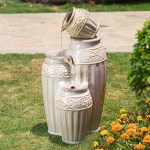 27.25 in. H 4 Tier Sand Beige Embossed Pattern Ceramic Pots Fountain with Pump and LED Light (KD)