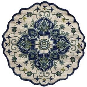 Zeno Ivory/Blue 4 ft. 10 in. Round Scalloped Traditional Medallion Wool Area Rug