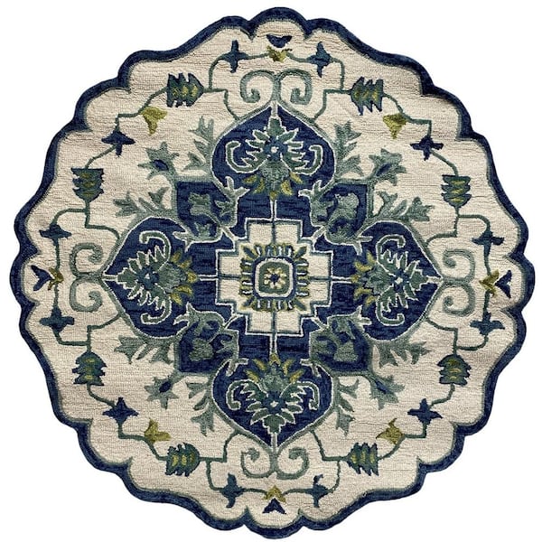 LR Home Zeno Ivory/Blue 4 ft. 10 in. Round Scalloped Traditional Medallion Wool Area Rug