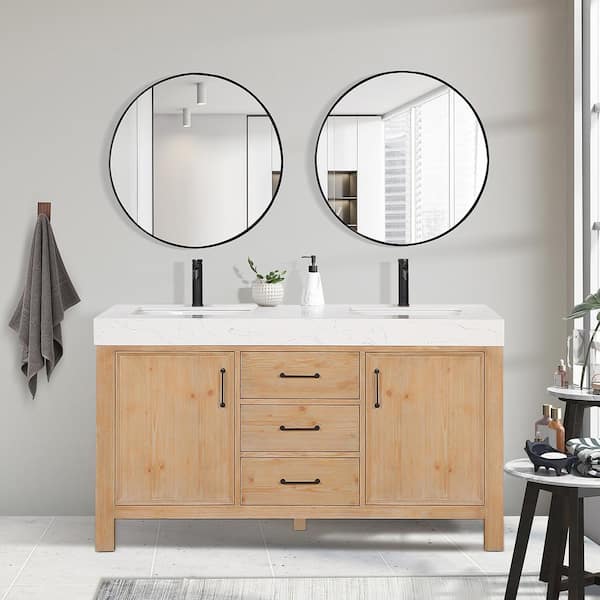 León 60 in.W x 22 in.D x 34 in.H Double Sink Bath Vanity in Fir Wood White with Grey Composite Stone Top
