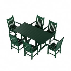 Hayes 7-Piece HDPE Plastic All Weather Outdoor Patio Trestle Table Dining Set with Armchairs in Dark Green