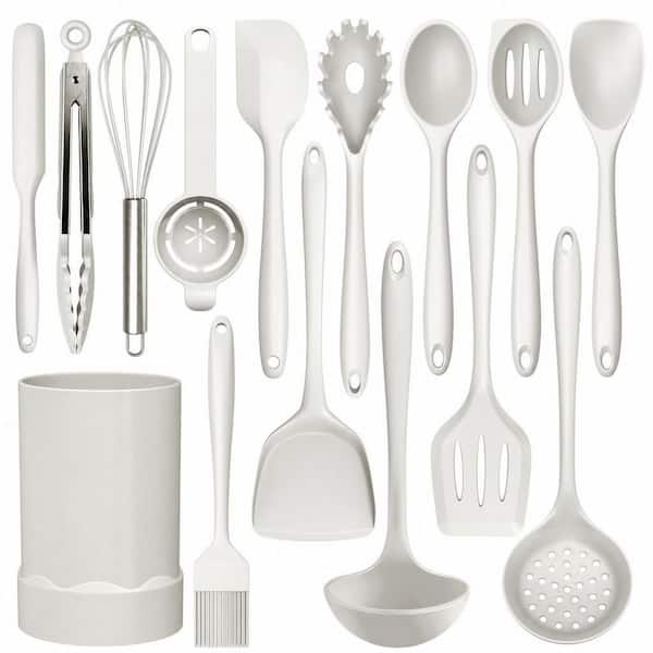 15-Piece Silicone Cooking Utensils Set with Turner, Tong, Spatula, Spoon, Brush, Whisk, 446°F Heat Resistant, White