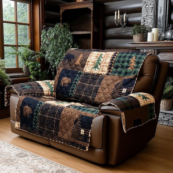 Brown Bear Cabin Tan and Green Polyester 1-Piece Loveseat Furniture Slipcover