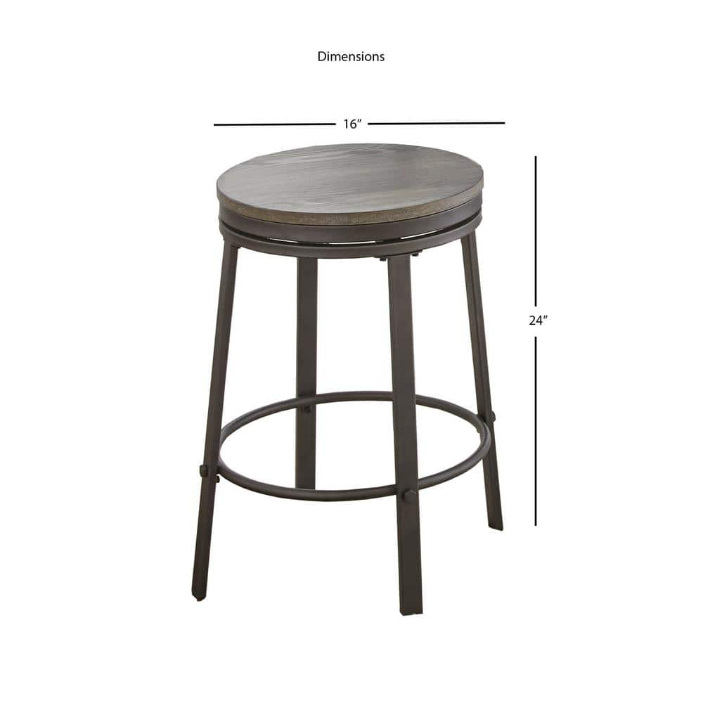 Gray Metal and Wood Swivel Backless Counter Stool, Set of 2