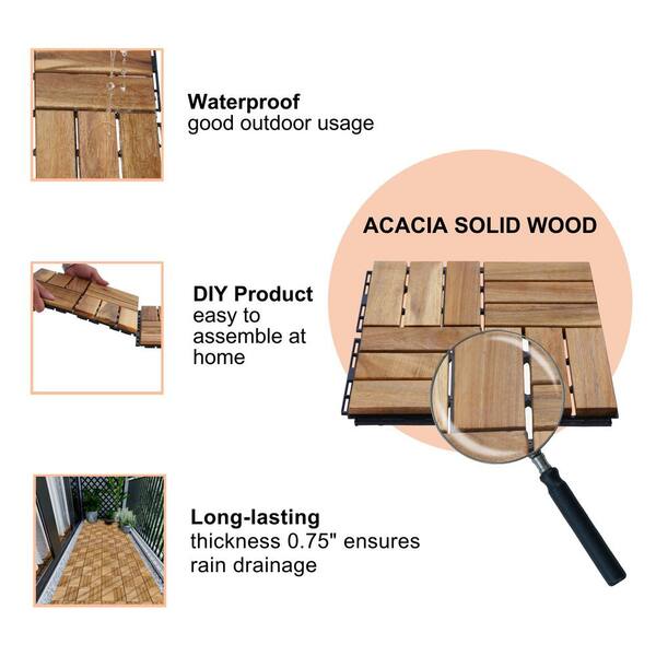 cadeninc 12 in. x 12 in. Square Interlocking Acacia Wood Outdoor Checker Pattern Flooring Tiles (Set of 10 Tiles)