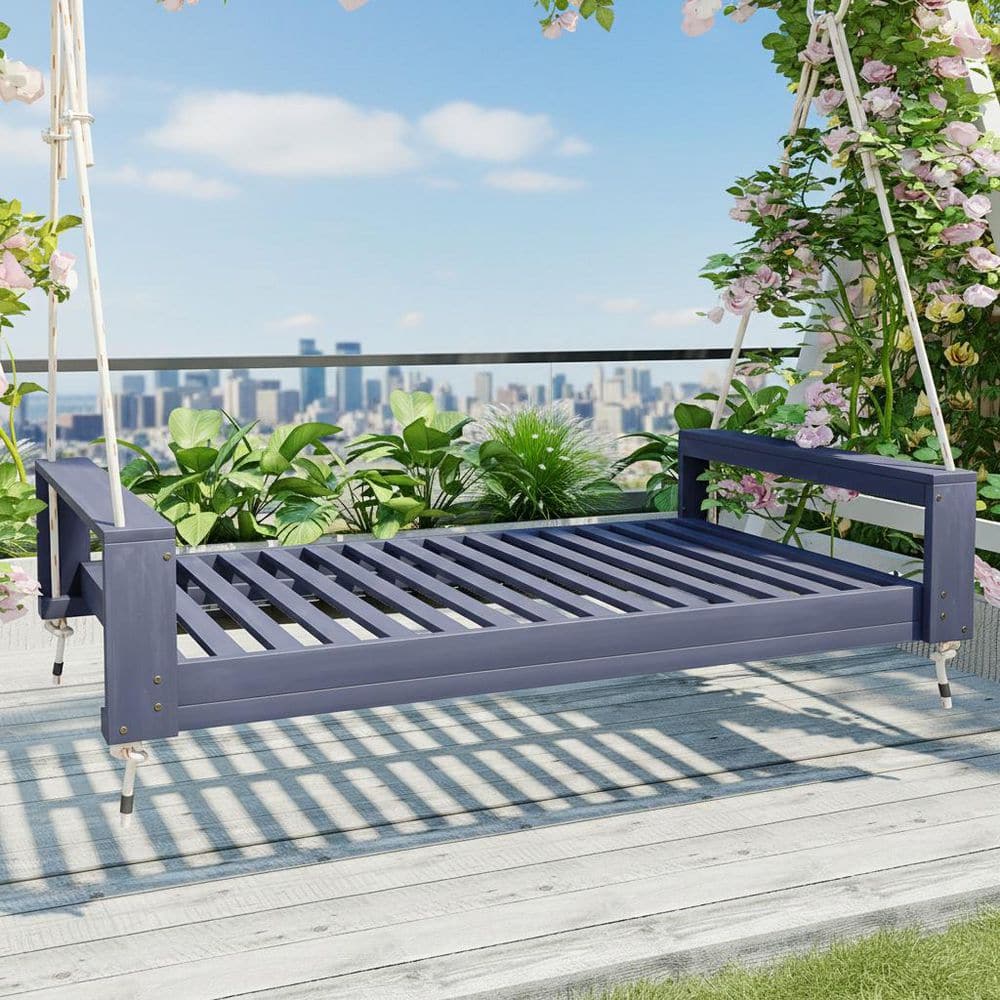 Gray 86 in. 2-Person Wood Porch Swing, Modern Twin Size Patio