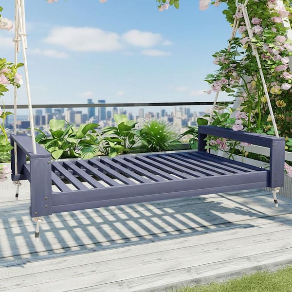 Gray 86 in. 2-Person Wood Porch Swing, Modern Twin Size Patio