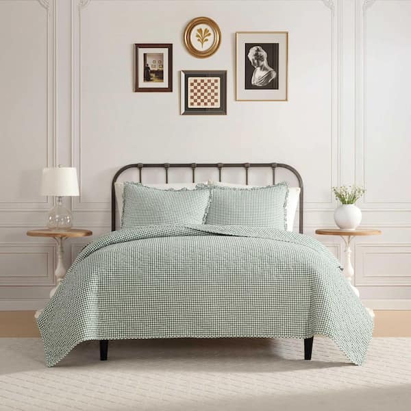 Gracies Gingham 3-Piece Olive Green Cotton King Quilt Set