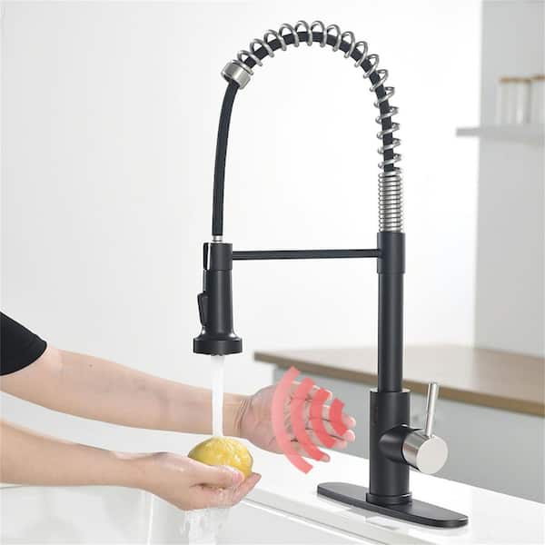 FLG Single Handle Touchless Stainless Steel Pull Down Sprayer Kitchen Faucet with Deckplate in Black and Brushed Nickel