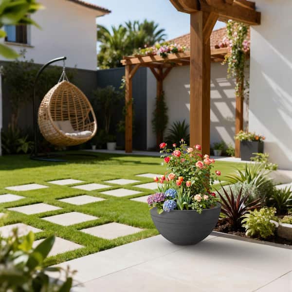 17 in. Medium Dark Gray Concrete Round Planter Bowl Indoor/Outdoor Flower Plant Pot with Drainage Holes