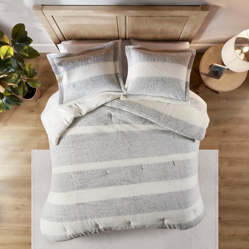 Ivory and Gray Twin Reversible Sherpa Comforter Set