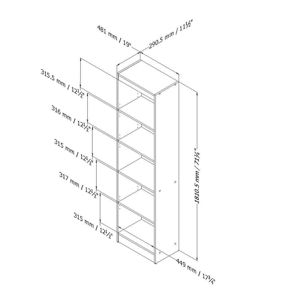 Royal Cherry Adjustable 5-Shelf Narrow Bookcase