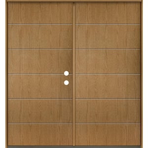 TETON Modern 72 in. x 80 in. Left-Active/Inswing 6-Grid Solid Panel Bourbon Stain Double Fiberglass Prehung Front Door