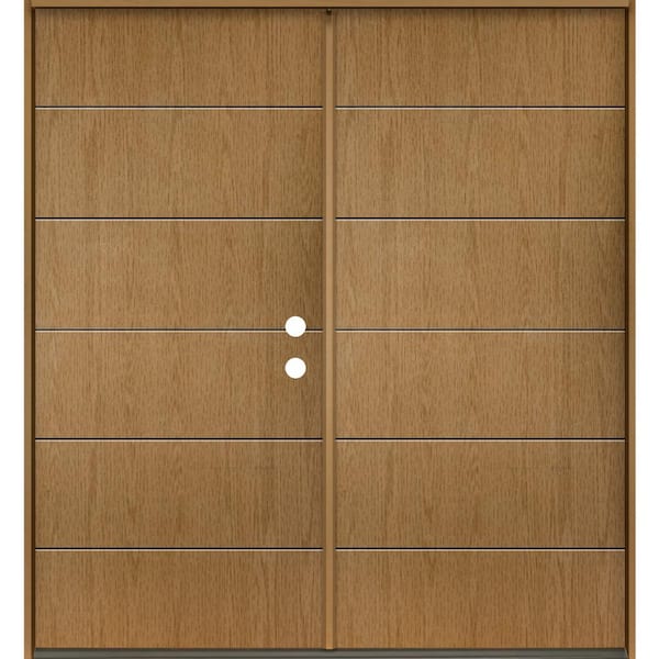 Krosswood Doors TETON Modern 72 in. x 80 in. Left-Active/Inswing 6-Grid Solid Panel Bourbon Stain Double Fiberglass Prehung Front Door