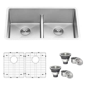 32 in. Low-Divide Double Bowl 50/50 Undermount 16-Gauge Stainless Steel Kitchen Sink