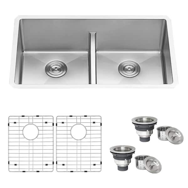 Ruvati Urbana 32 in. Undermount 50/50 Double Bowl 16-Gauge Stainless Steel Kitchen Sink with Rounded Corners and low divide